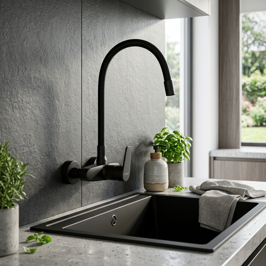 Aquanello Casa Muur Keukenkraan Zwart met Hoge Flexibele Uitloop BL-1301-CS